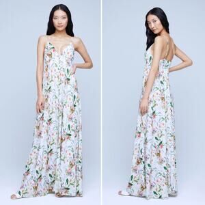 L'Agence Stefani Botanical ButtonFront Maxi Dress XXS White Pink Floral Flowy